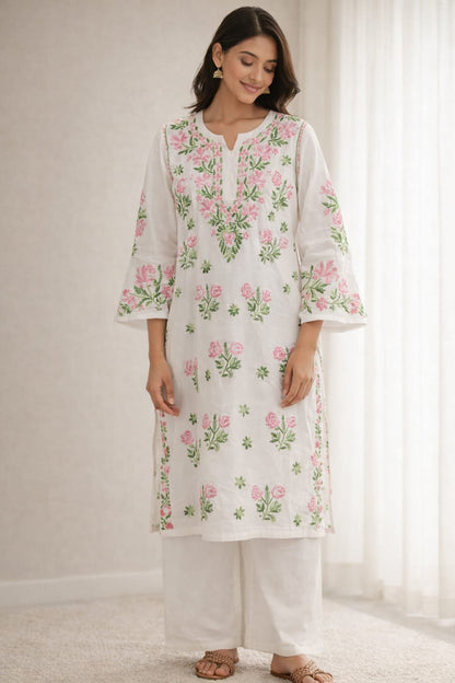 Ruaati Women White Floral Embroidered Chikankari Kurti – Modal Ethnic Wear with Pink & Green Threadwork