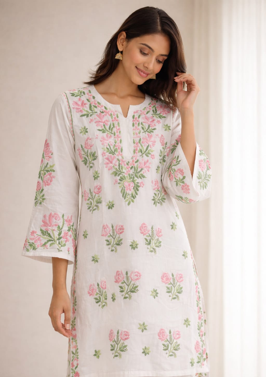 Ruaati Women White Floral Embroidered Chikankari Kurti – Modal Ethnic Wear with Pink & Green Threadwork