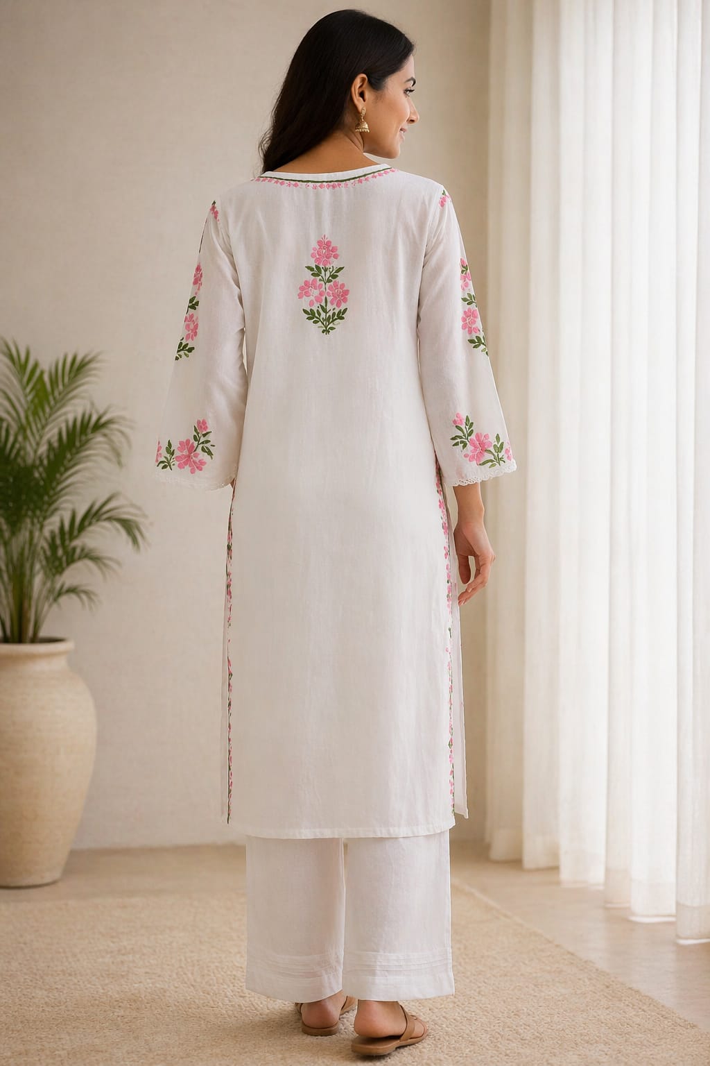 Ruaati Women White Floral Embroidered Chikankari Kurti – Modal Ethnic Wear with Pink & Green Threadwork
