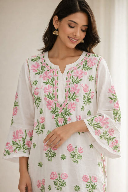 Ruaati Women White Floral Embroidered Chikankari Kurti – Modal Ethnic Wear with Pink & Green Threadwork