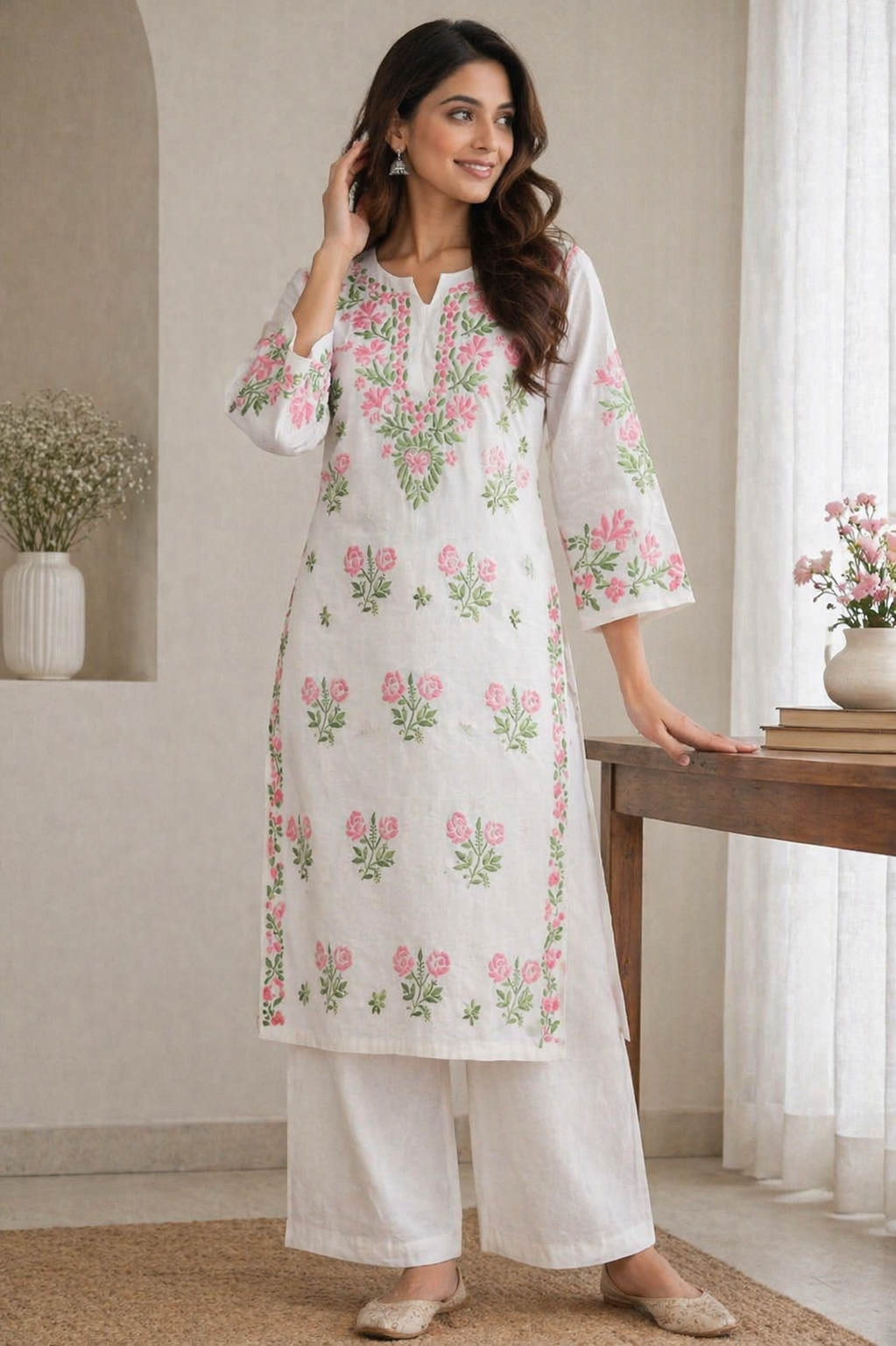 Ruaati Women White Floral Embroidered Chikankari Kurti – Modal Ethnic Wear with Pink & Green Threadwork