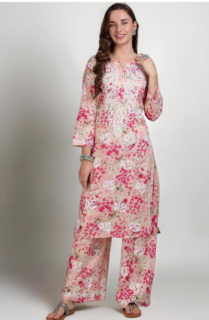 Ruaati Women Chikankari Straight Mul Cotton Kurta with Palazzo