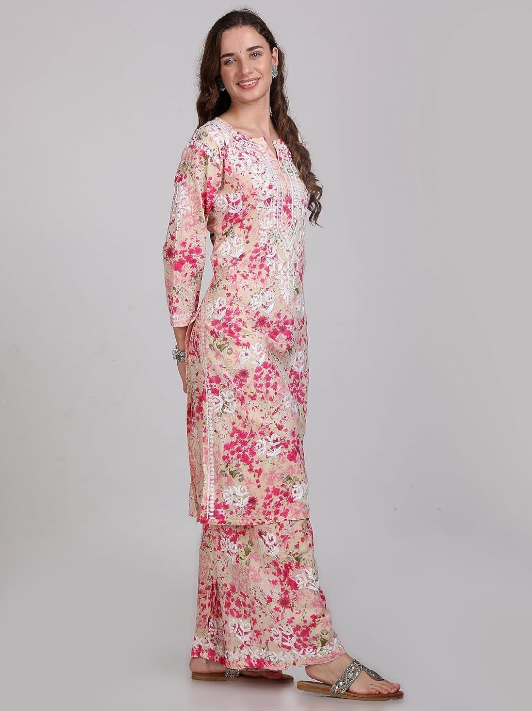 Ruaati Women Chikankari Straight Mul Cotton Kurta with Palazzo