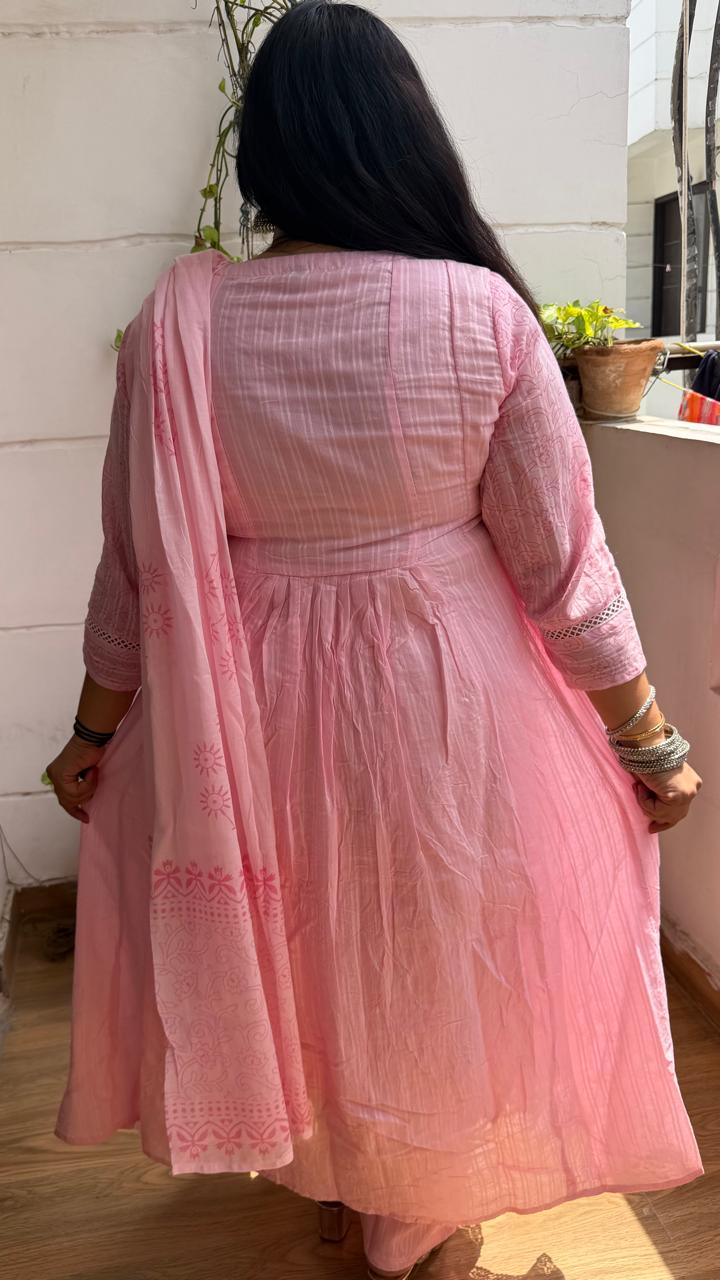 Ruaati Women Mul Cotton Baby Pink Embroidered Anarkali Suit Set with Dupatta
