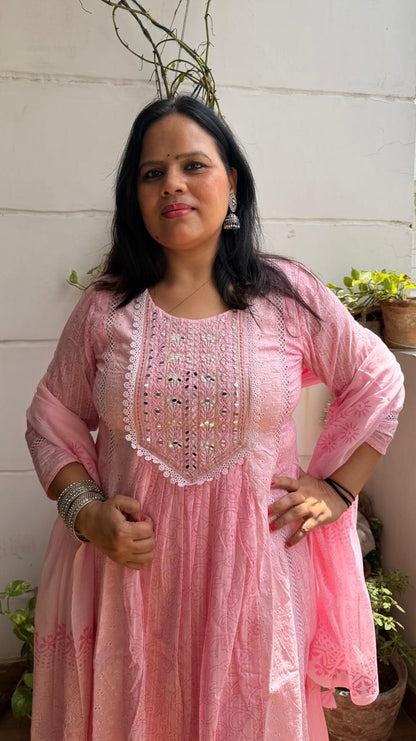 Ruaati Women Mul Cotton Baby Pink Embroidered Anarkali Suit Set with Dupatta