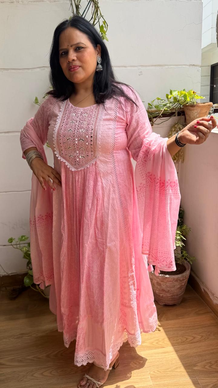 Ruaati Women Mul Cotton Baby Pink Embroidered Anarkali Suit Set with Dupatta