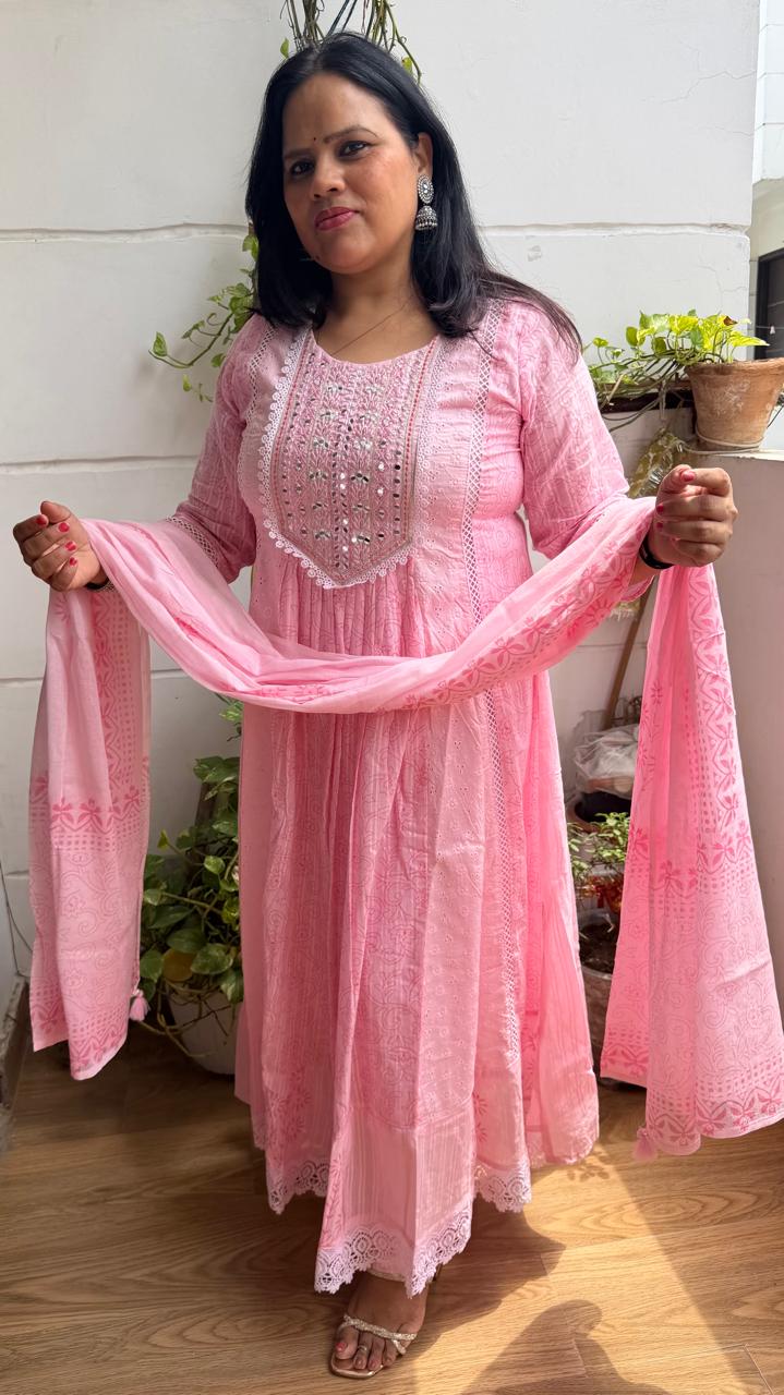 Ruaati Women Mul Cotton Baby Pink Embroidered Anarkali Suit Set with Dupatta
