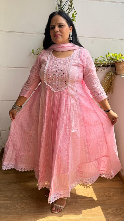 Ruaati Women Mul Cotton Baby Pink Embroidered Anarkali Suit Set with Dupatta