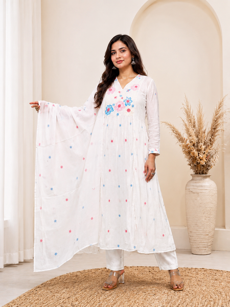 White Mul Cotton Embroidered Suit Set