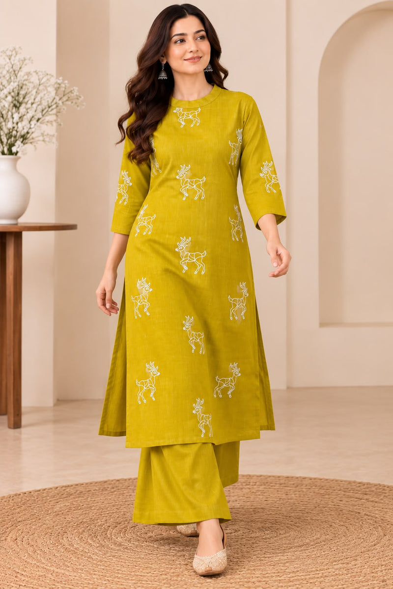 Olive Green Deer Print Cotton Kurta Set