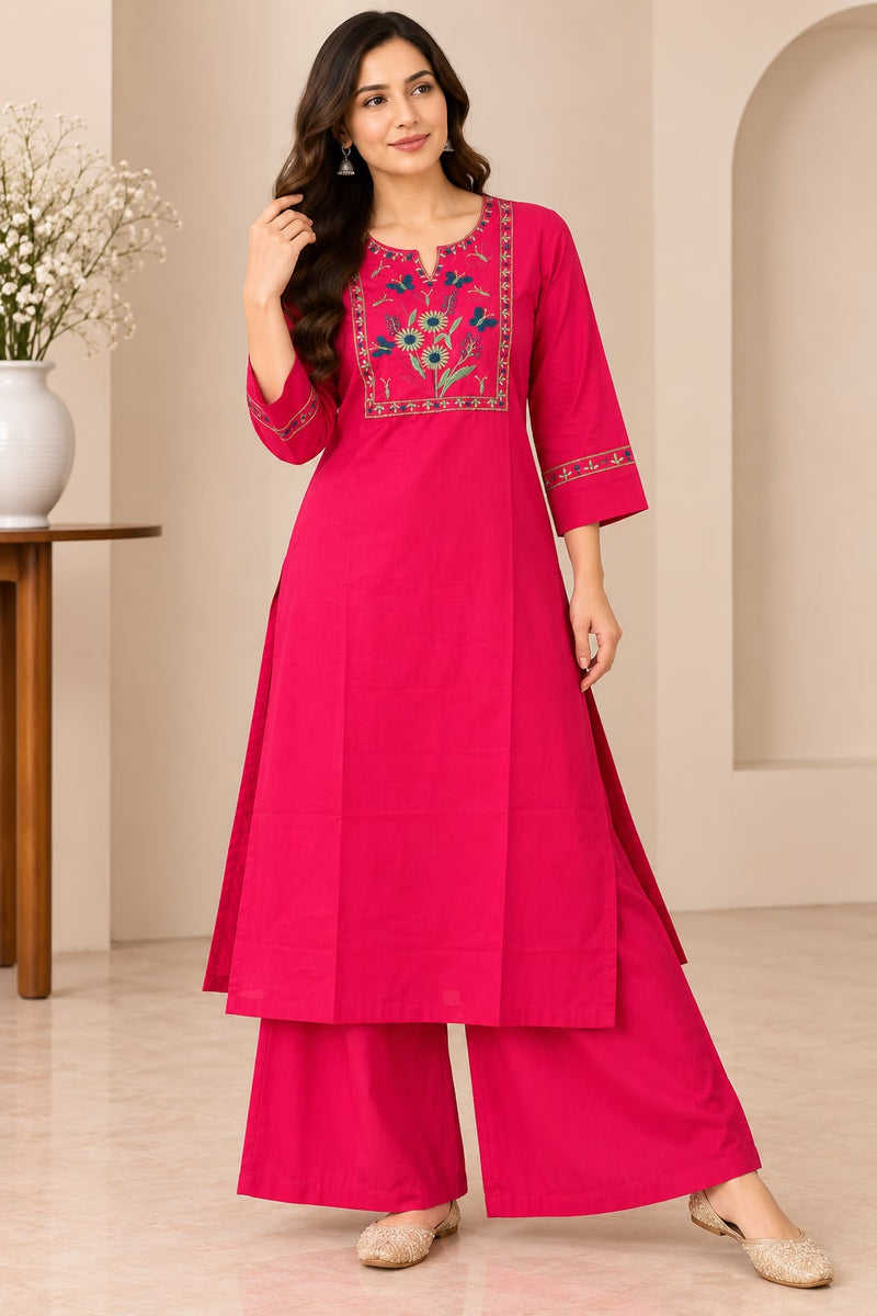 Rani Pink Floral Embroidered Cotton Kurta Set