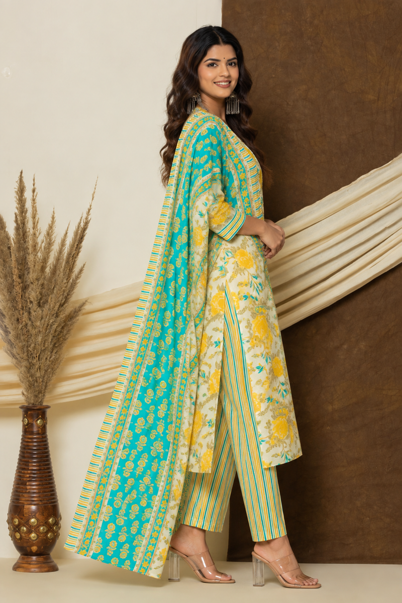 Turquoise Yellow Floral Printed Premium Cotton Suit Set