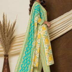 Turquoise Yellow Floral Printed Premium Cotton Suit Set