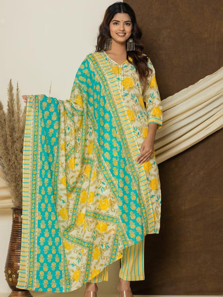 Turquoise Yellow Floral Printed Premium Cotton Suit Set