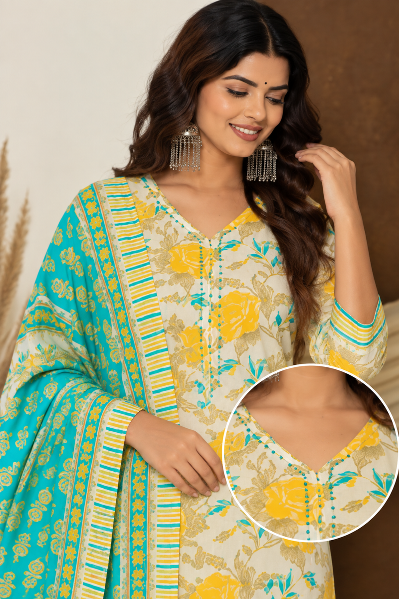 Turquoise Yellow Floral Printed Premium Cotton Suit Set