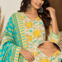 Turquoise Yellow Floral Printed Premium Cotton Suit Set