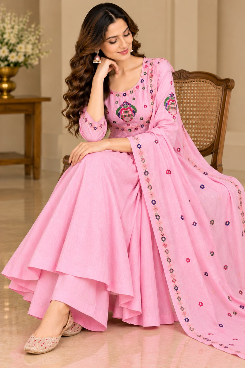 Pink Floral Embroidered Anarkali Suit with Palazzo