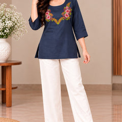 Navy Blue Floral Embroidered Kurti Set