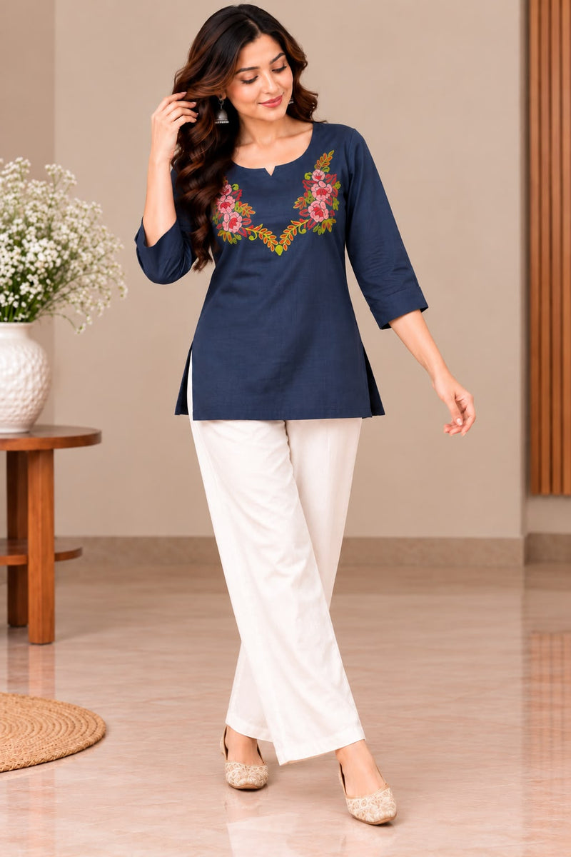 Navy Blue Floral Embroidered Kurti Set