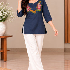 Navy Blue Floral Embroidered Kurti Set