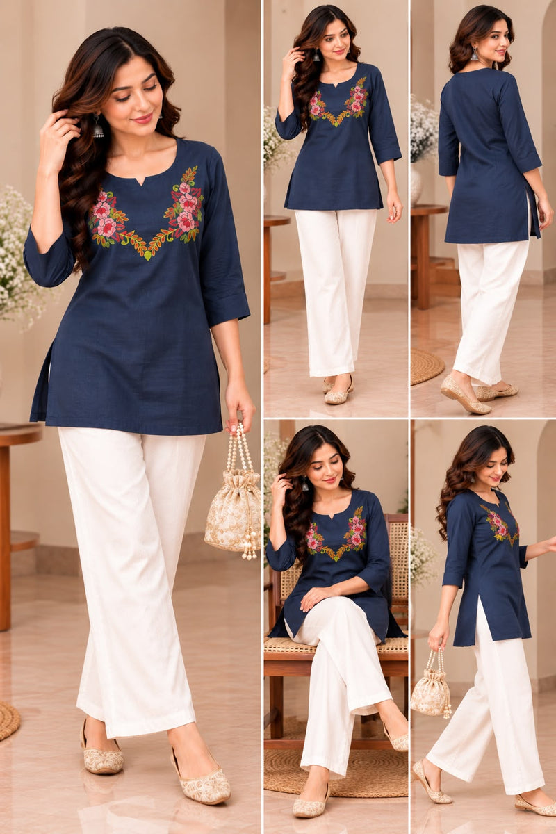 Navy Blue Floral Embroidered Kurti Set