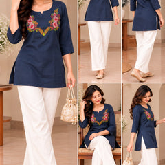 Navy Blue Floral Embroidered Kurti Set