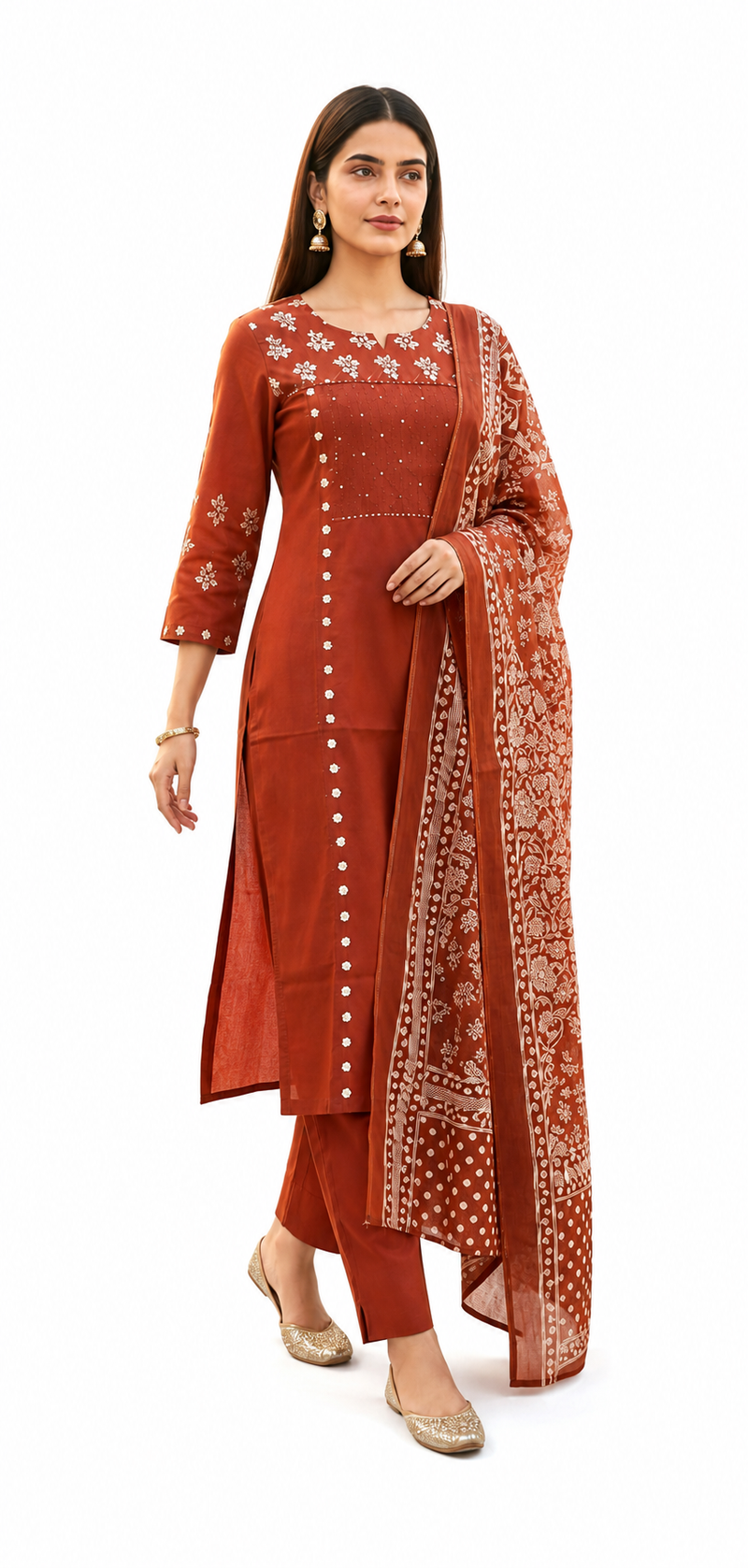 Ruaati Rust Floral Cotton Embroidered Suit Set