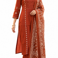 Ruaati Rust Floral Cotton Embroidered Suit Set