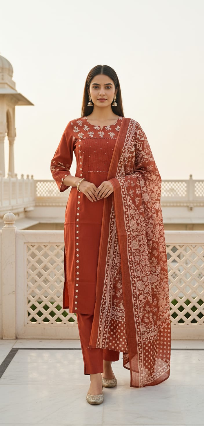 Ruaati Rust Floral Cotton Embroidered Suit Set