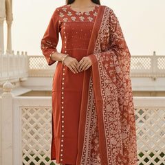 Ruaati Rust Floral Cotton Embroidered Suit Set