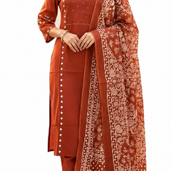 Ruaati Rust Floral Cotton Embroidered Suit Set