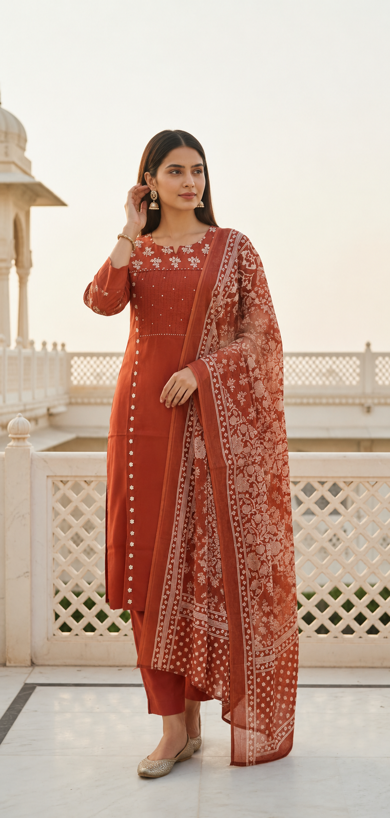 Ruaati Rust Floral Cotton Embroidered Suit Set