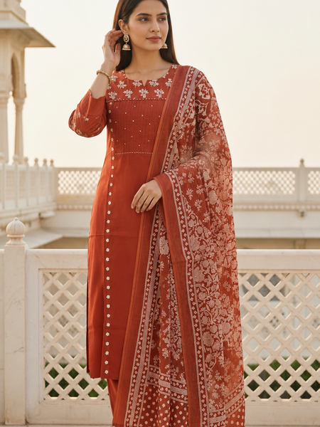 Ruaati Rust Floral Cotton Embroidered Suit Set
