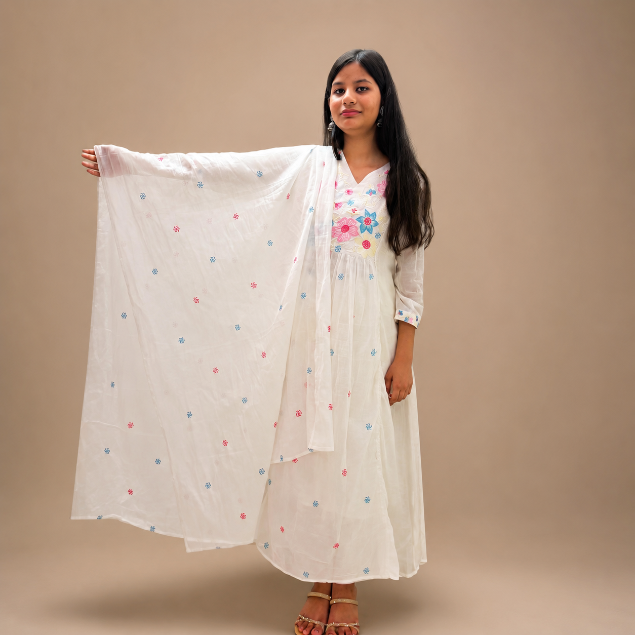 Ruaati Women Premium Mul Cotton White Floral Embroidered A Line Kurta Set with Dupatta
