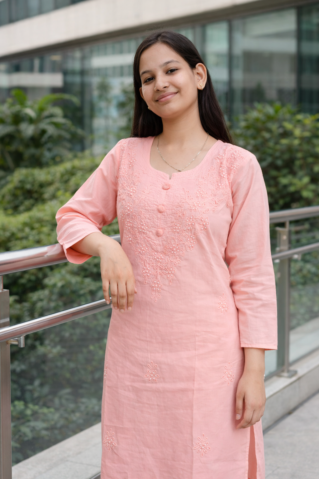 Ruaati Women Mul Cotton Light Bright Pink Chikankari Straight Kurta with Pant Set