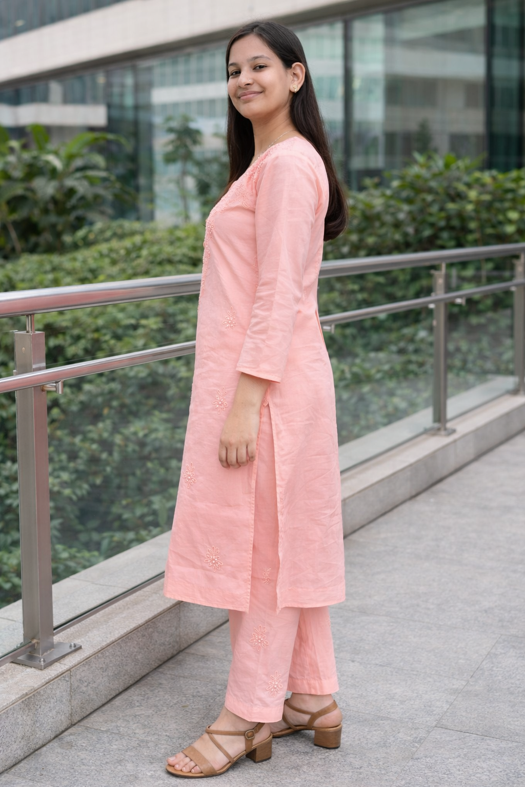 Ruaati Women Mul Cotton Light Bright Pink Chikankari Straight Kurta with Pant Set