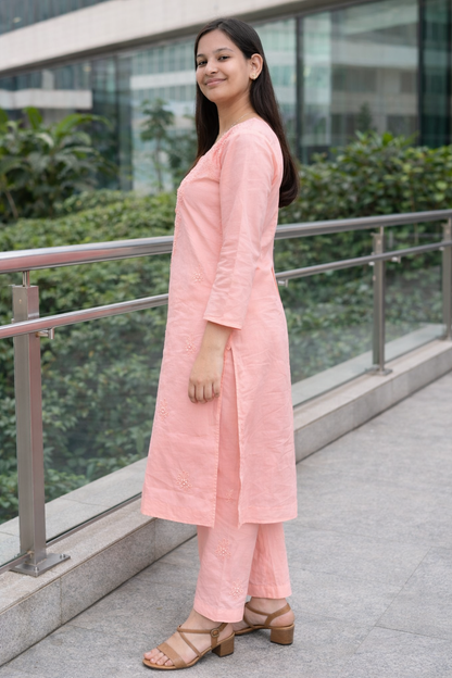 Ruaati Women Mul Cotton Light Bright Pink Chikankari Straight Kurta with Pant Set