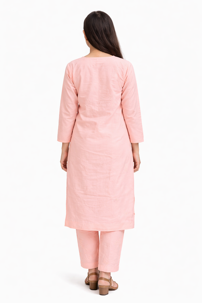 Ruaati Women Mul Cotton Light Bright Pink Chikankari Straight Kurta with Pant Set