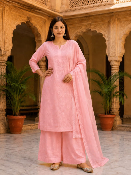 Ruaati Women Pink Mul Chanderi Chickankari Palazzo Set with Dupatta