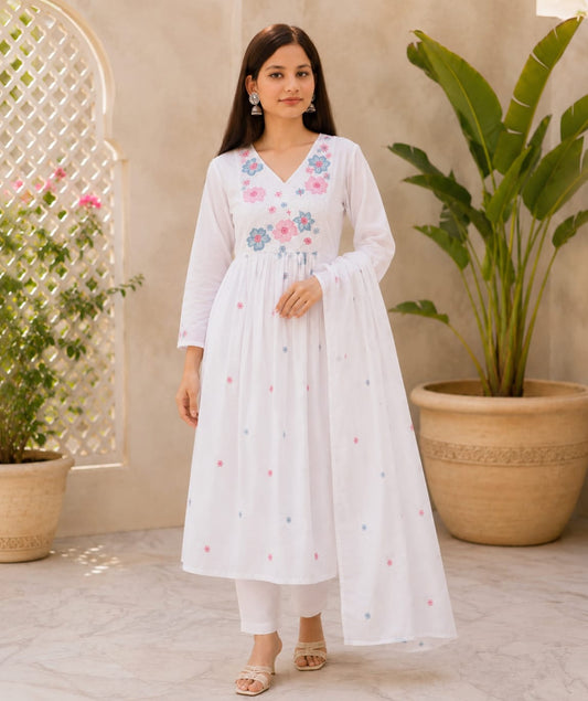 Ruaati Women Premium Mul Cotton White Floral Embroidered A Line Kurta Set with Dupatta