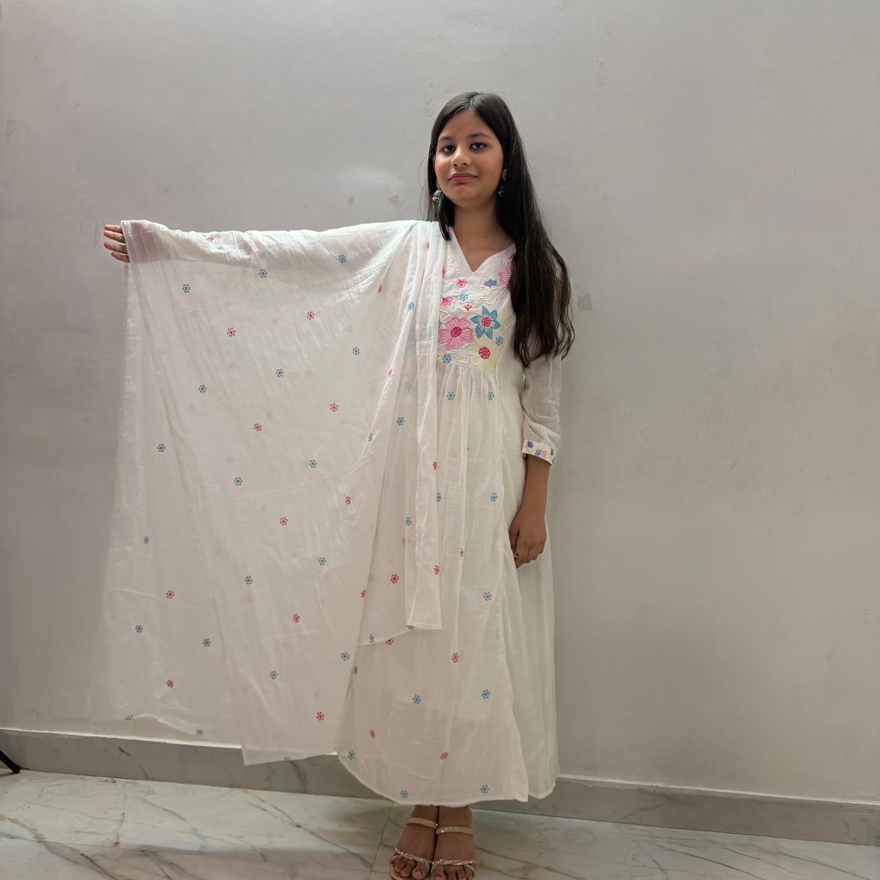 Ruaati Women Premium Mul Cotton White Floral Embroidered A Line Kurta Set with Dupatta