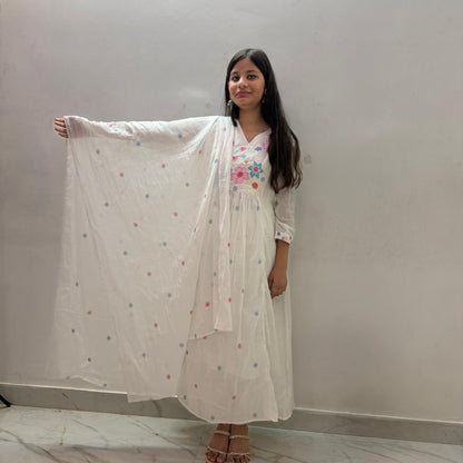 Ruaati Women Premium Mul Cotton White Floral Embroidered A Line Kurta Set with Dupatta