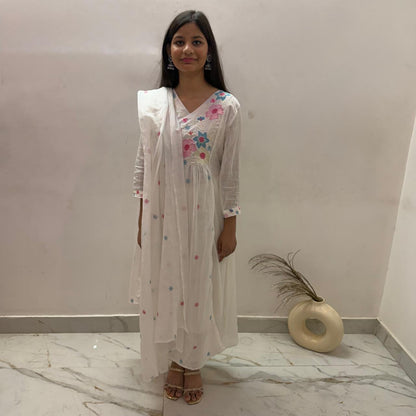 Ruaati Women Premium Mul Cotton White Floral Embroidered A Line Kurta Set with Dupatta