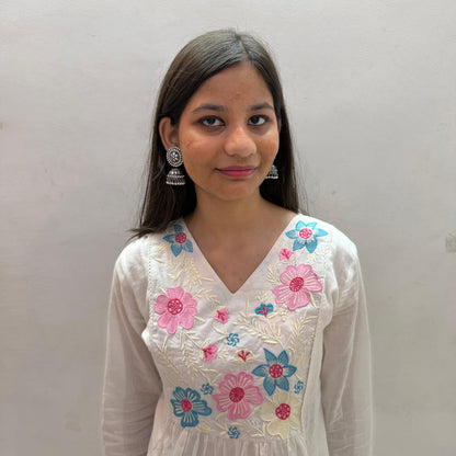Ruaati Women Premium Mul Cotton White Floral Embroidered A Line Kurta Set with Dupatta