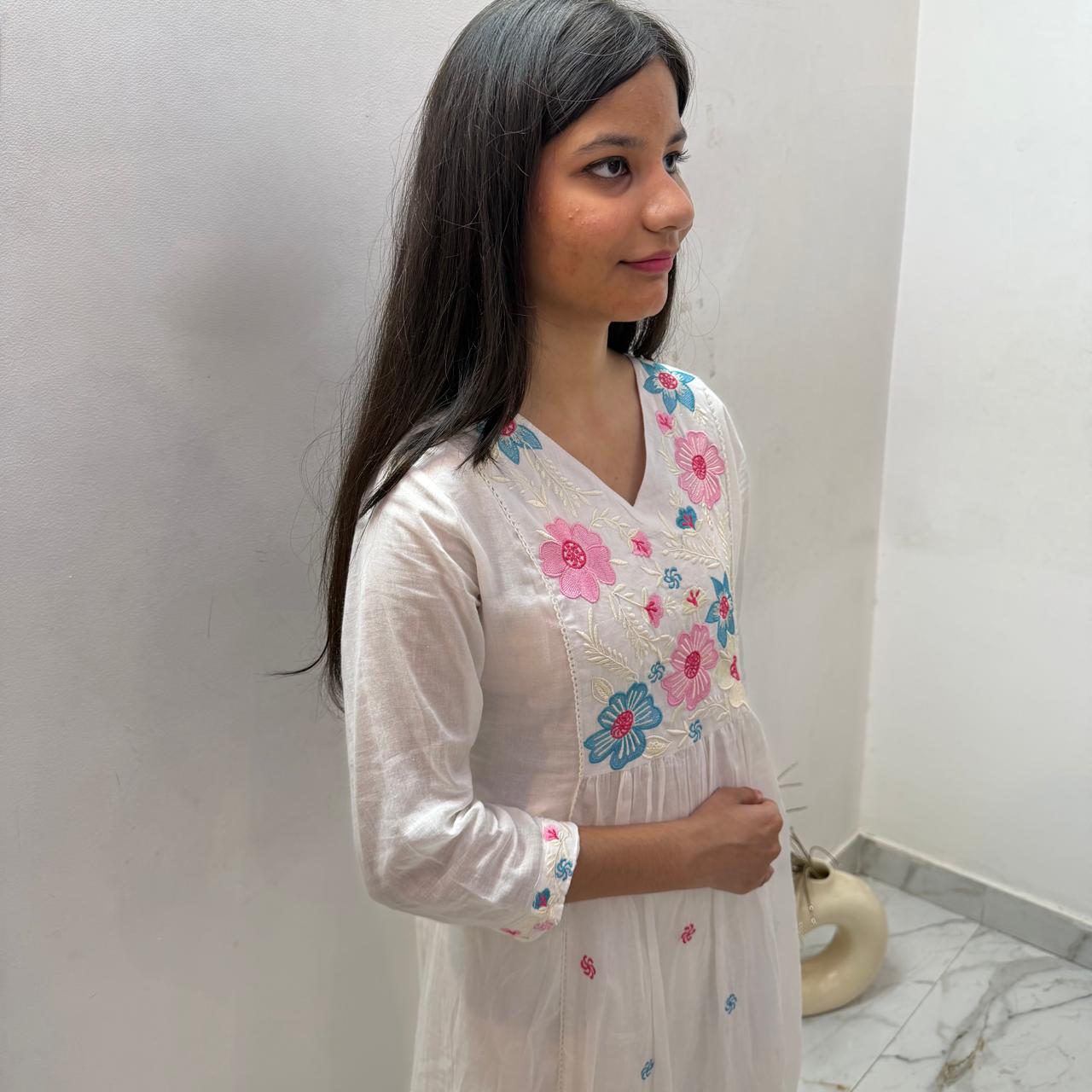 Ruaati Women Premium Mul Cotton White Floral Embroidered A Line Kurta Set with Dupatta