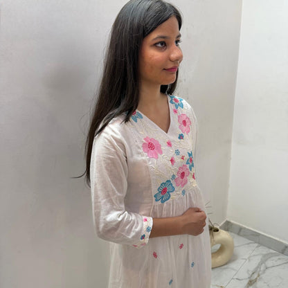 Ruaati Women Premium Mul Cotton White Floral Embroidered A Line Kurta Set with Dupatta