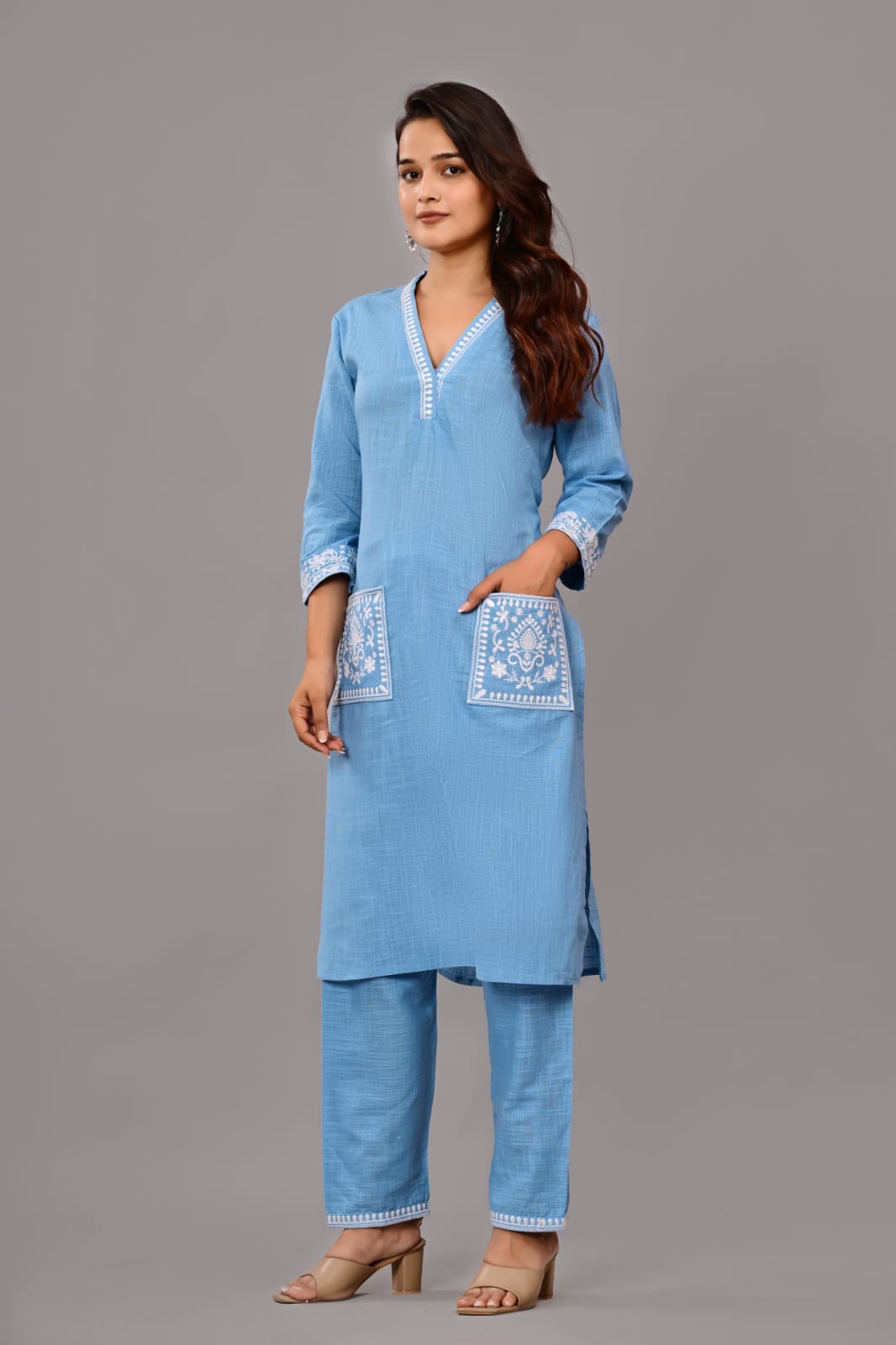 Women’s Sky Blue Embroidered Cotton Kurta Set with Straight Pants