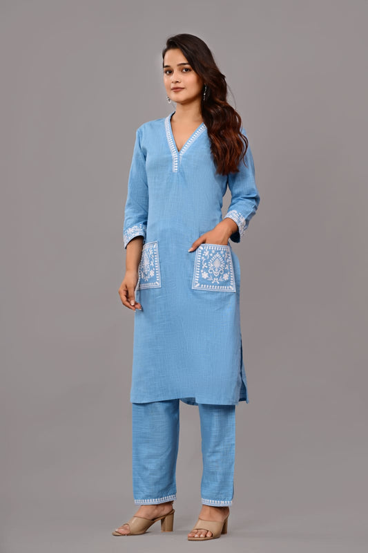 Women’s Sky Blue Embroidered Cotton Kurta Set with Straight Pants