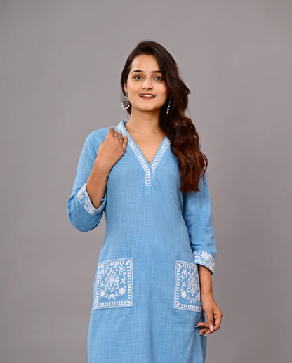 Women’s Sky Blue Embroidered Cotton Kurta Set with Straight Pants