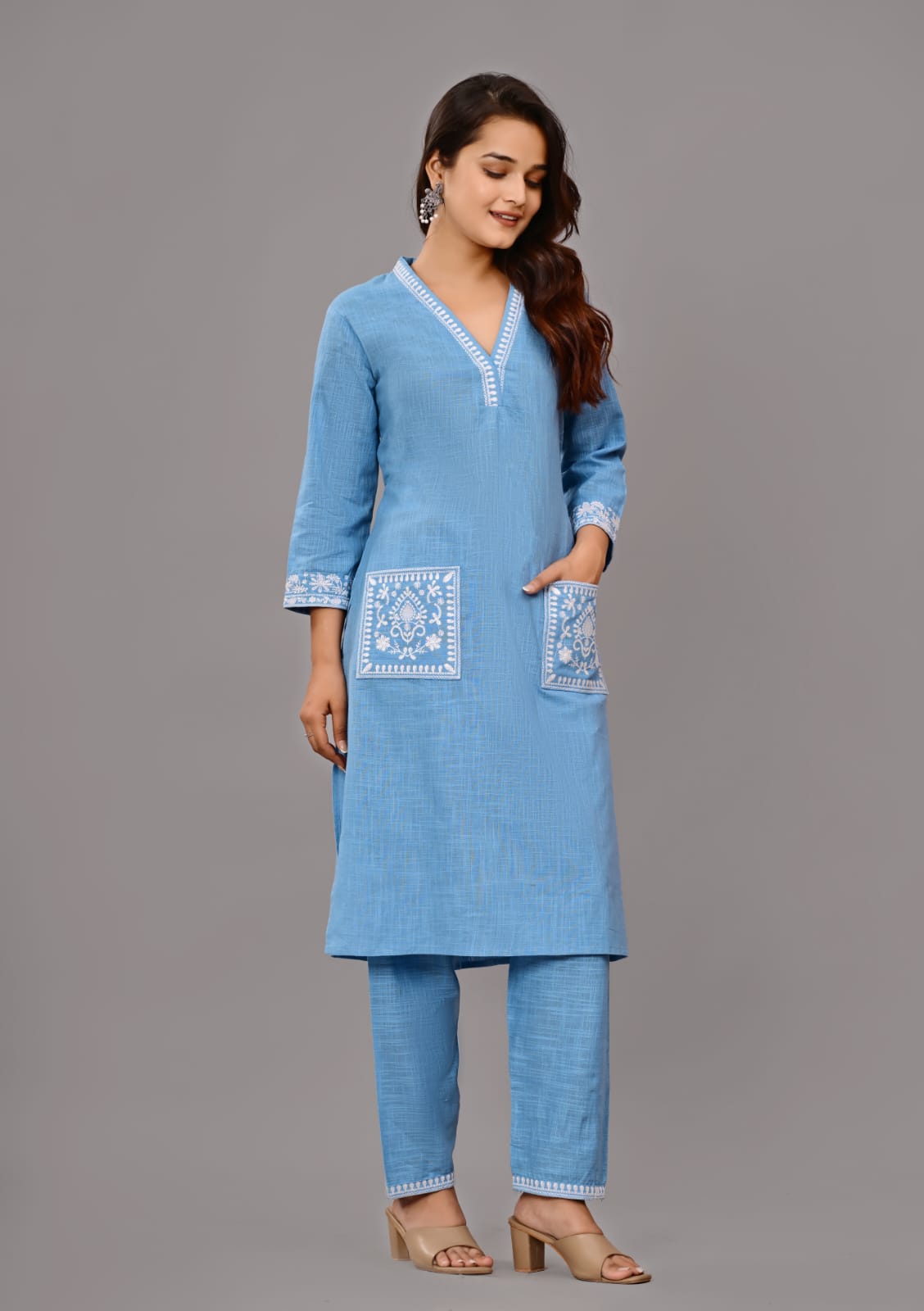 Women’s Sky Blue Embroidered Cotton Kurta Set with Straight Pants